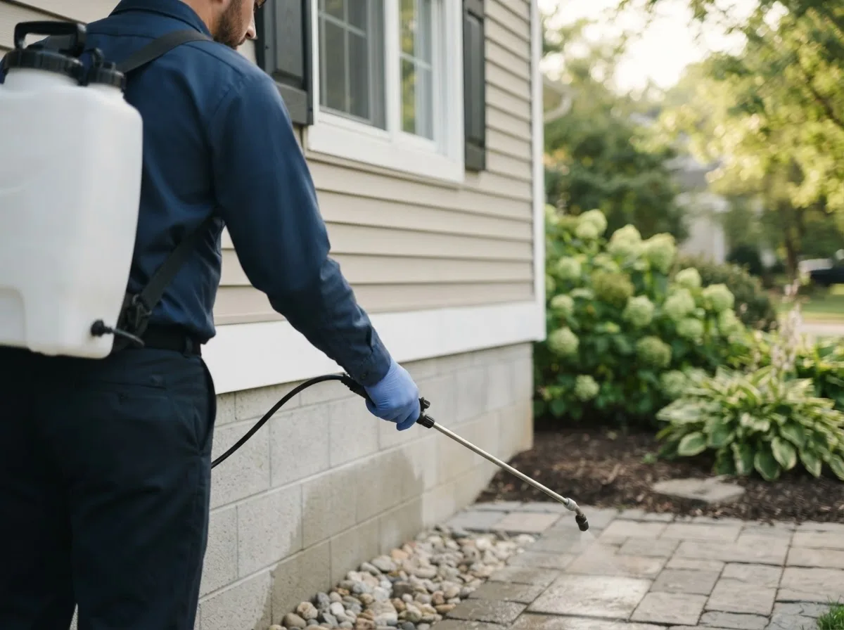 Pest control technician inspecting a home in Eastlake Weir, FL